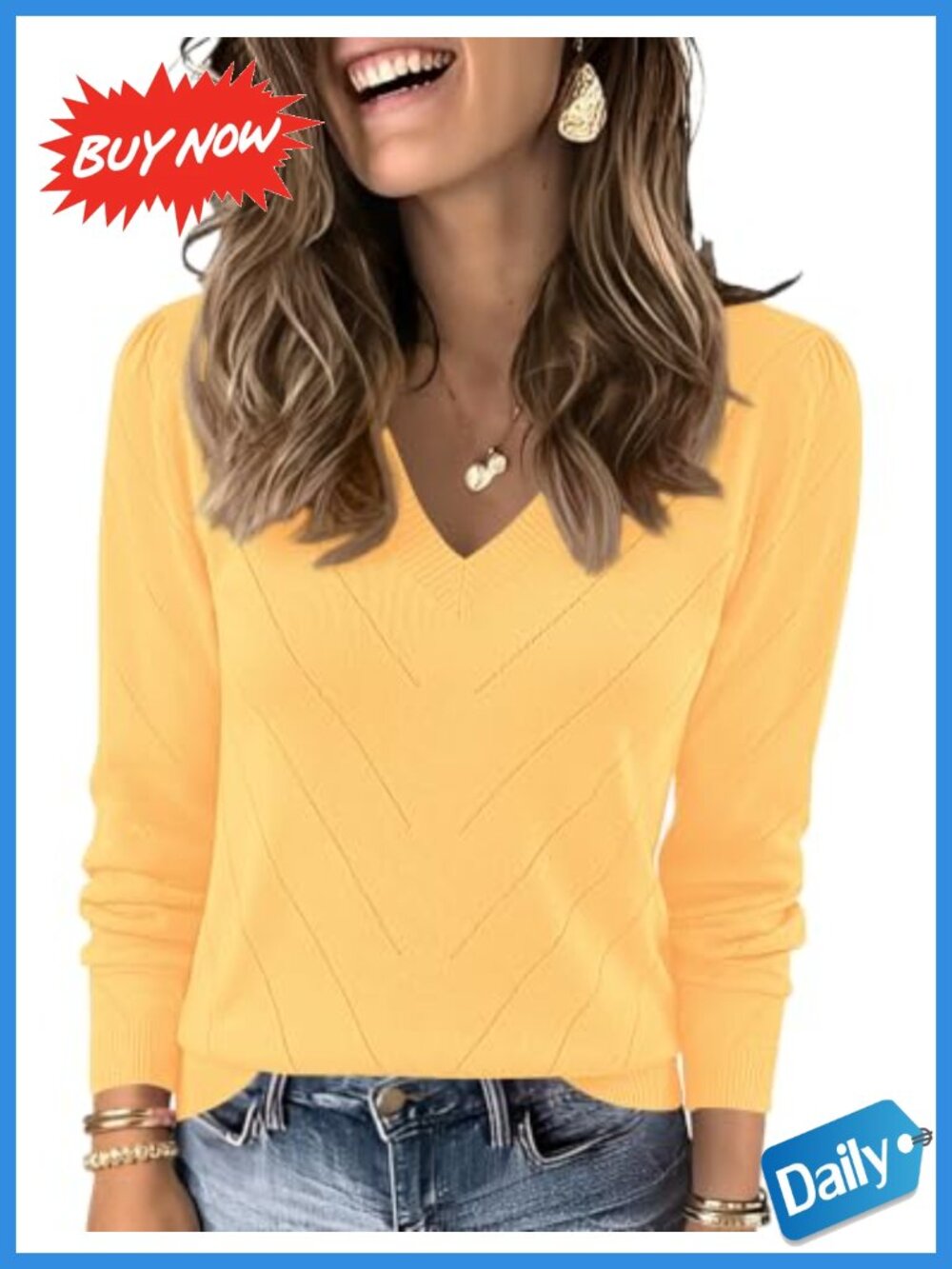 LOMON V-Neck Puff Sleeve Lightweight Knit Sweater Women's Business Casual